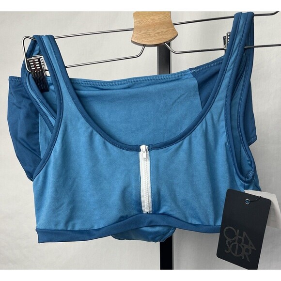 Chaser Swim Bikini Set L Sport Zip Top High Waist Bottom Blue NWT Designer Retro - Picture 5 of 9